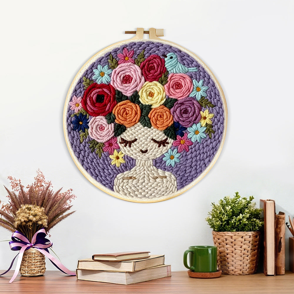 Finished purple floral crown girl artwork displayed on a wall
