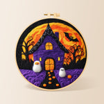 Purple haunted house with little ghosts needle felting kit for beginners with a round wooden frame