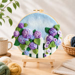 Finished purple hydrangeas on fence needle felting displayed on a wooden easel