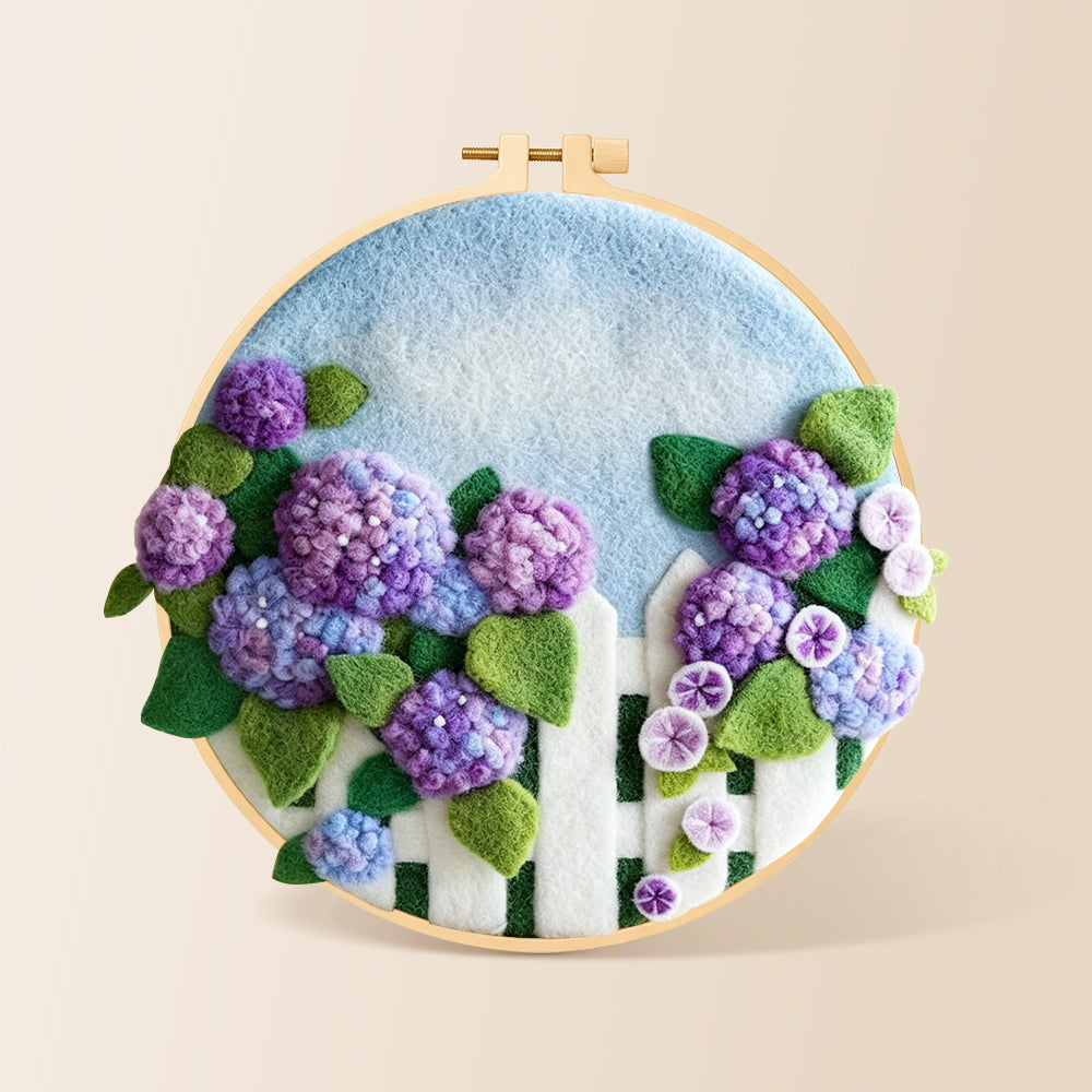 Purple hydrangeas on fence needle felting kit for beginners with a round wooden frame