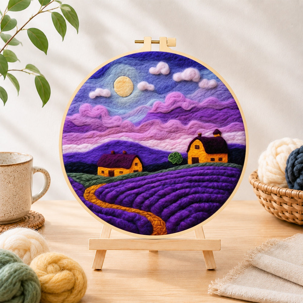 Finished purple lavender fields under the moon needle felting displayed on a wooden easel