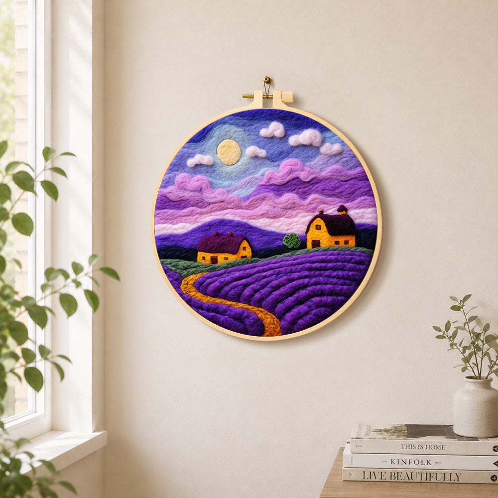 Purple lavender fields under the moon needle felt wall art displayed in a bright home interior