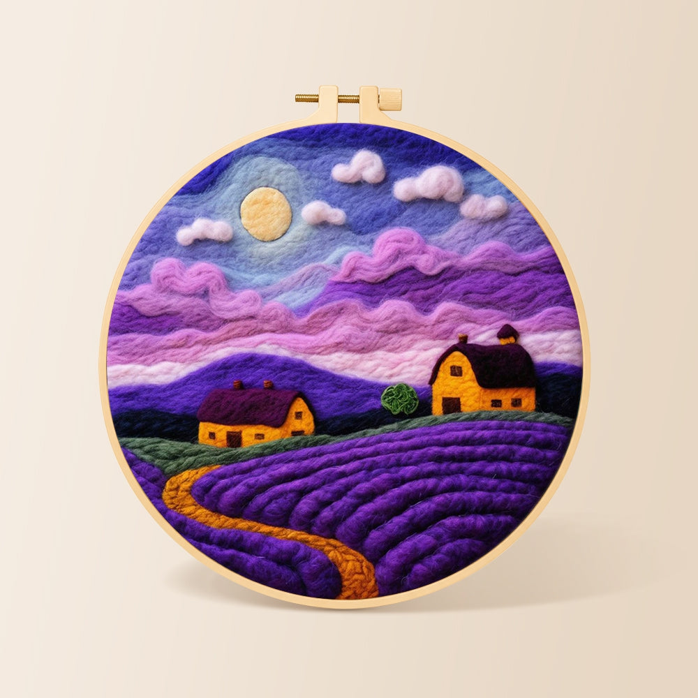 Purple lavender fields under the moon needle felting kit for beginners with a round wooden frame
