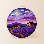 Purple lavender fields under the moon needle felting kit for beginners with a round wooden frame