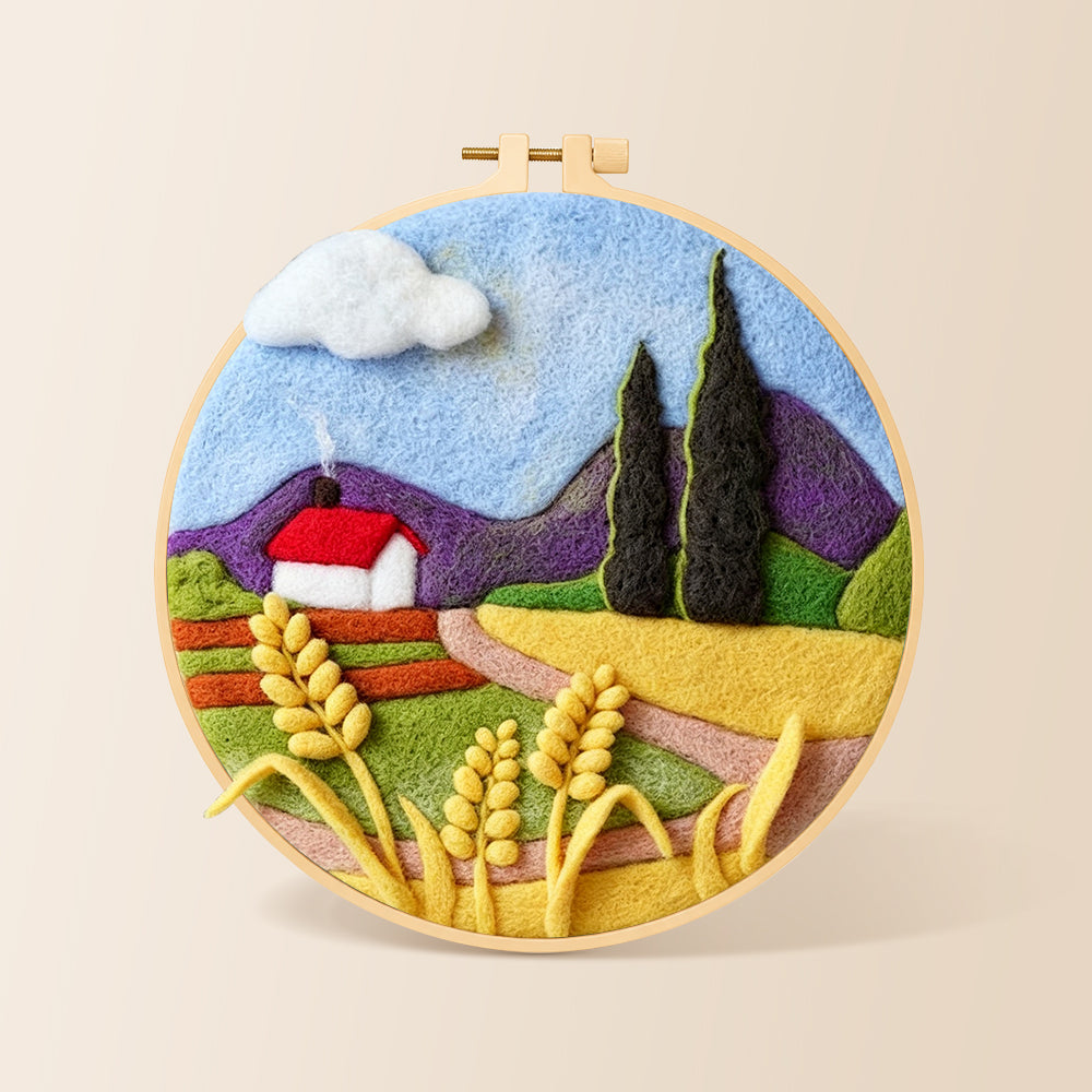 Purple mountains and wheat cottage needle felting kit for beginners with a round wooden frame