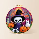 Purple skull witch with broom needle felting kit for beginners with a round wooden frame