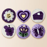 Purple smiley flower, butterfly and heart punch needle coaster kit finished handmade coasters