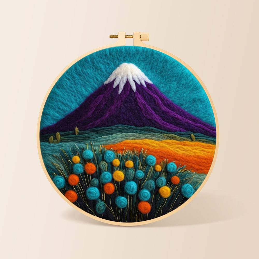 Purple volcano and flowers needle felting kit for beginners with a round wooden frame