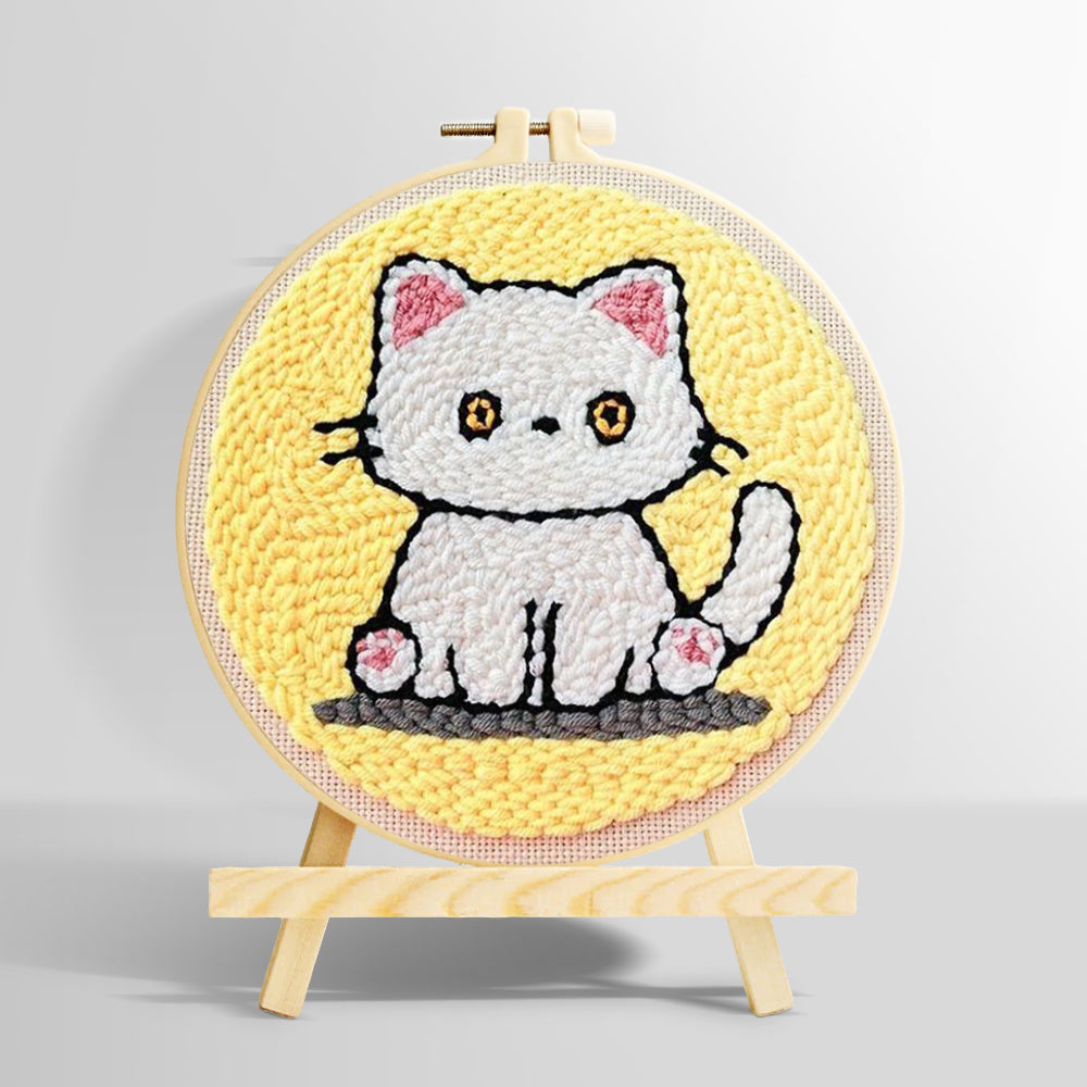 Quiet little white cat punch needle kit for beginners