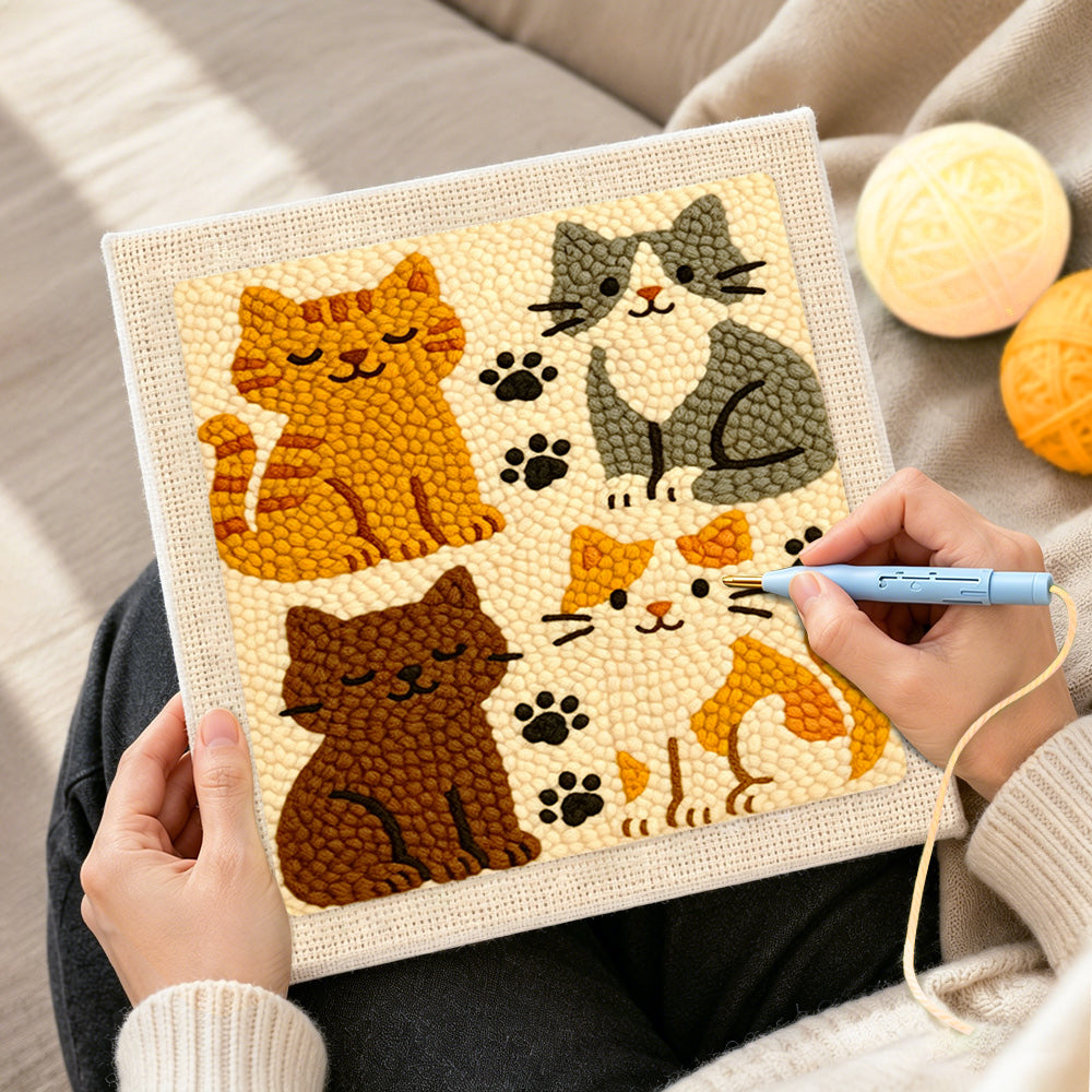 Creating handmade quirky multi-coloured kitty punch needle artwork