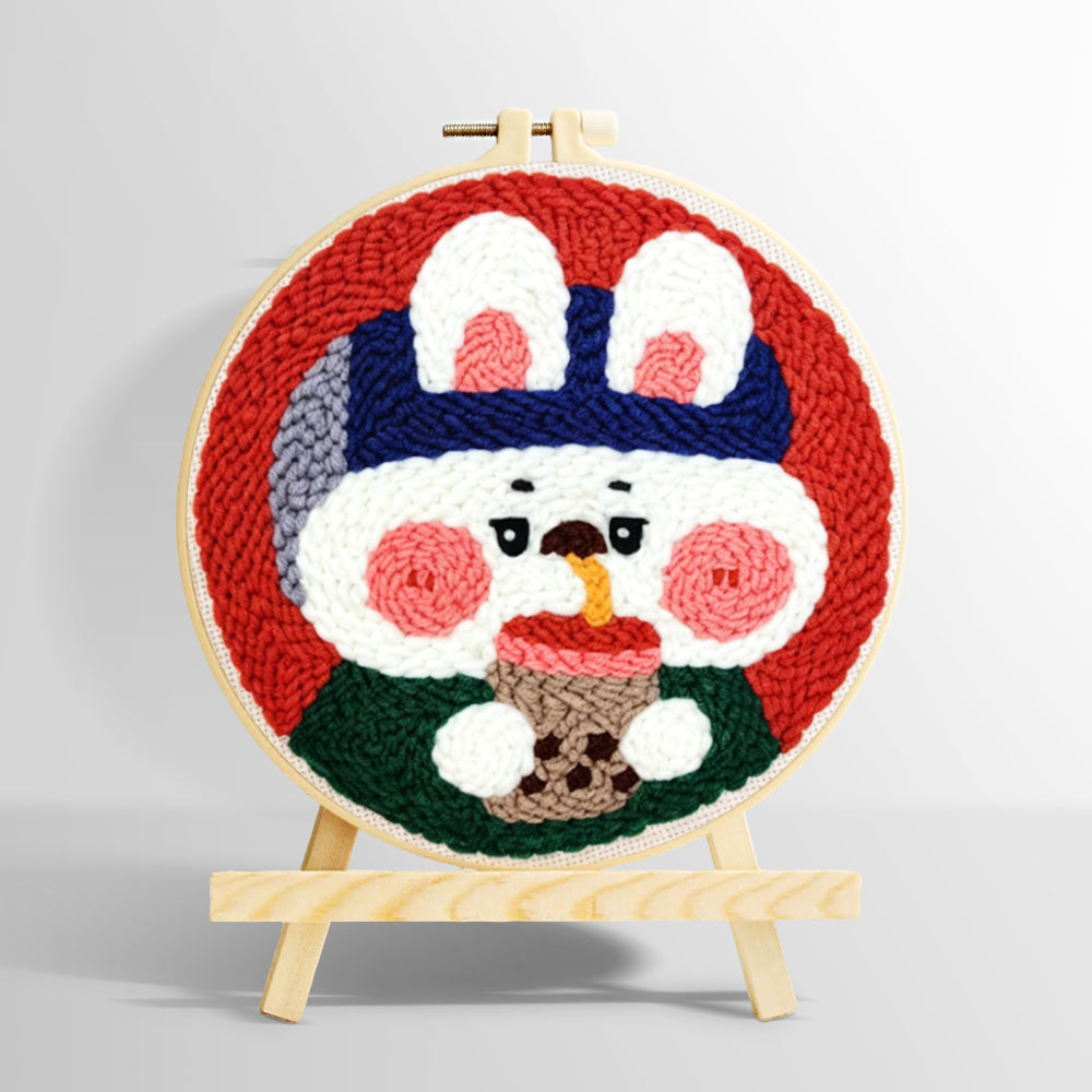 Rabbit drinking bubble tea punch needle kit for beginners