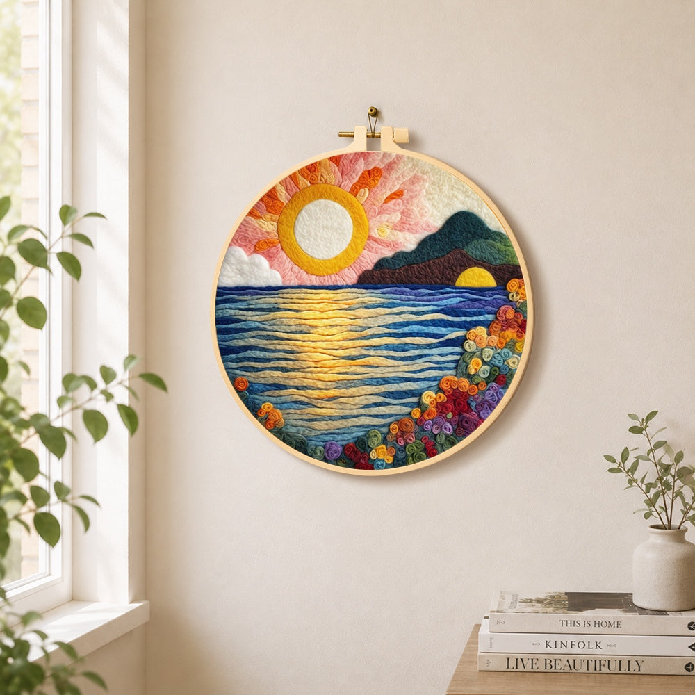 Radiant sun, blooming roses and blue waves needle felt wall art displayed in a bright home interior
