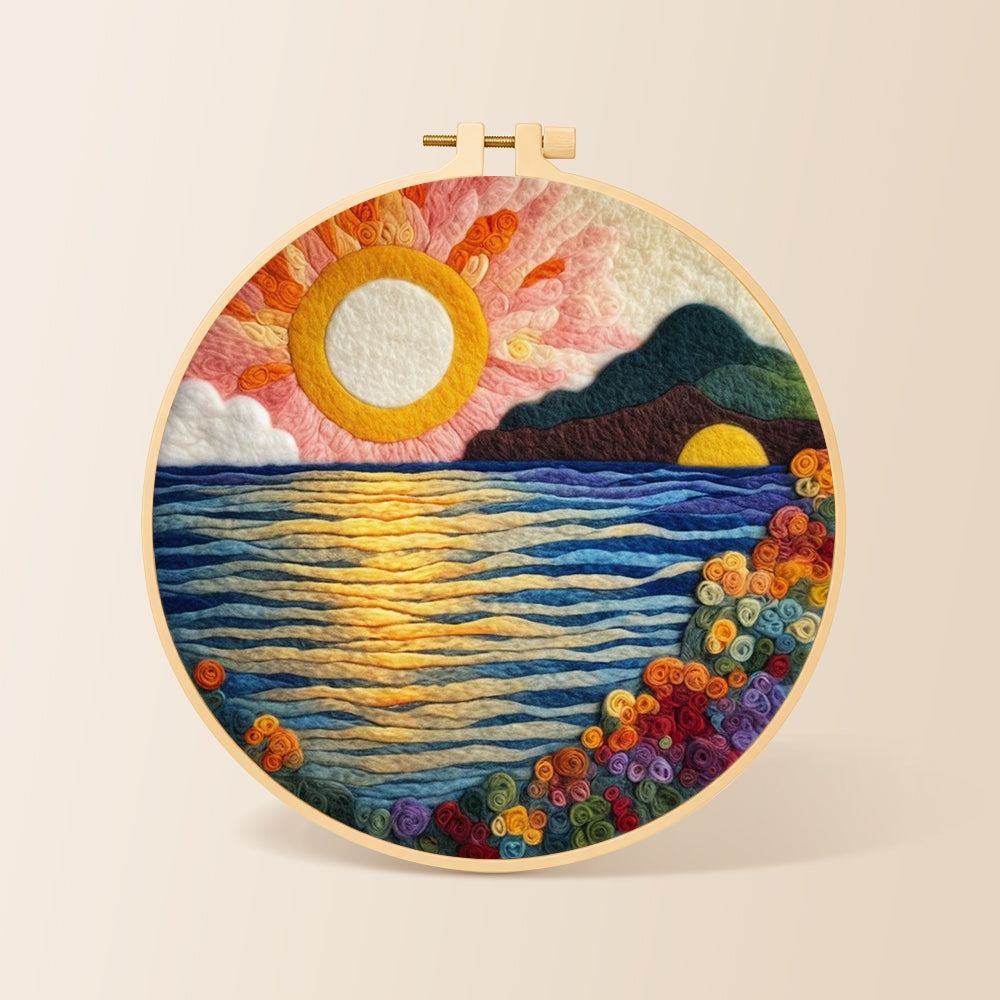 Radiant sun, blooming roses and blue waves needle felting kit for beginners with a round wooden frame