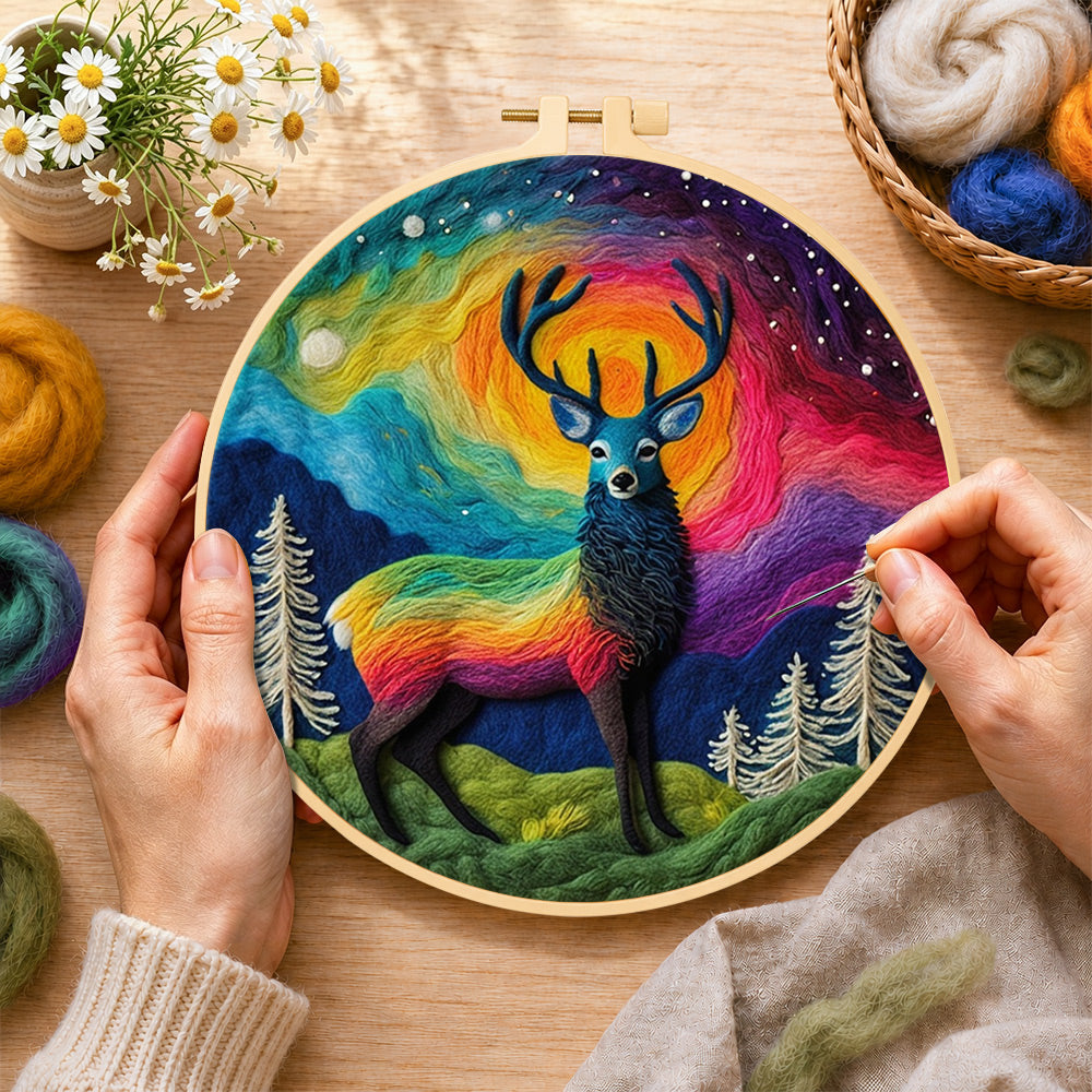 Creating the rainbow aurora stag wool painting by hand with a felting needle