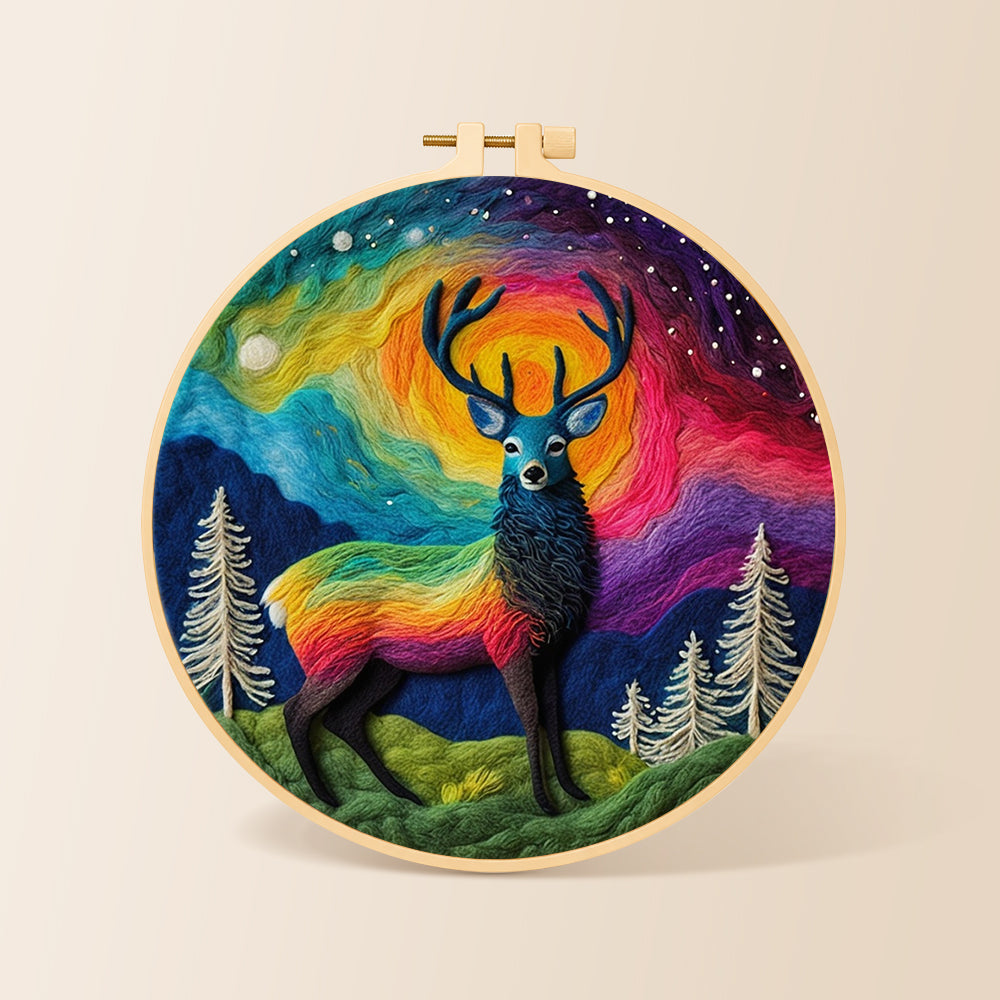 Rainbow aurora stag needle felting kit for beginners with a round wooden frame