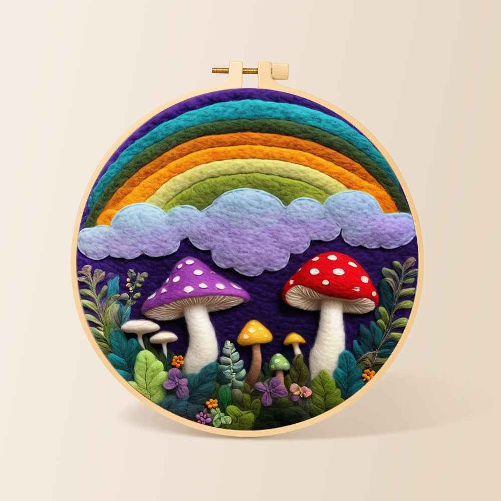 Rainbow, clouds and mushrooms needle felting kit for beginners with a round wooden frame