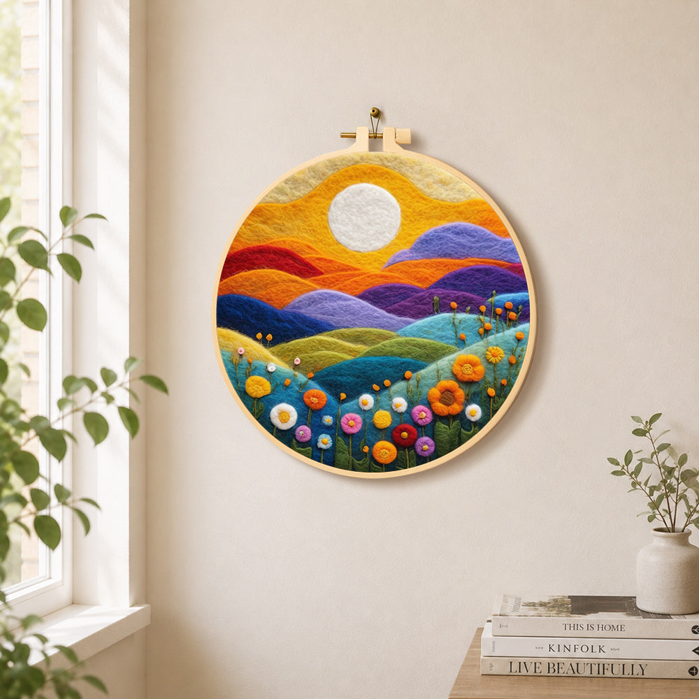 Rainbow hills with blooming flowers at sunset needle felt wall art displayed in a bright home interior