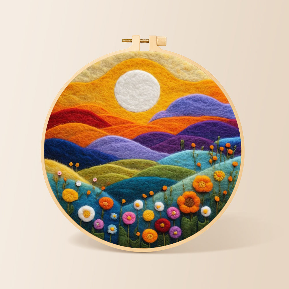 Rainbow hills with blooming flowers at sunset needle felting kit for beginners with a round wooden frame