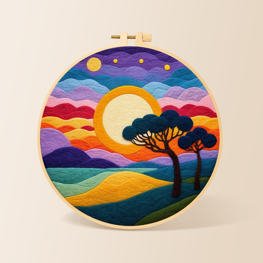 Rainbow layered clouds and savannah trees needle felting kit for beginners with a round wooden frame