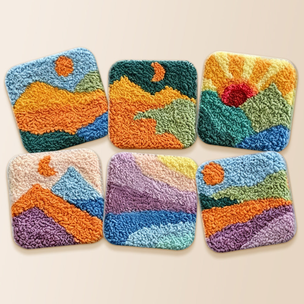 Rainbow mountains and sunrise punch needle coaster kit finished handmade coasters