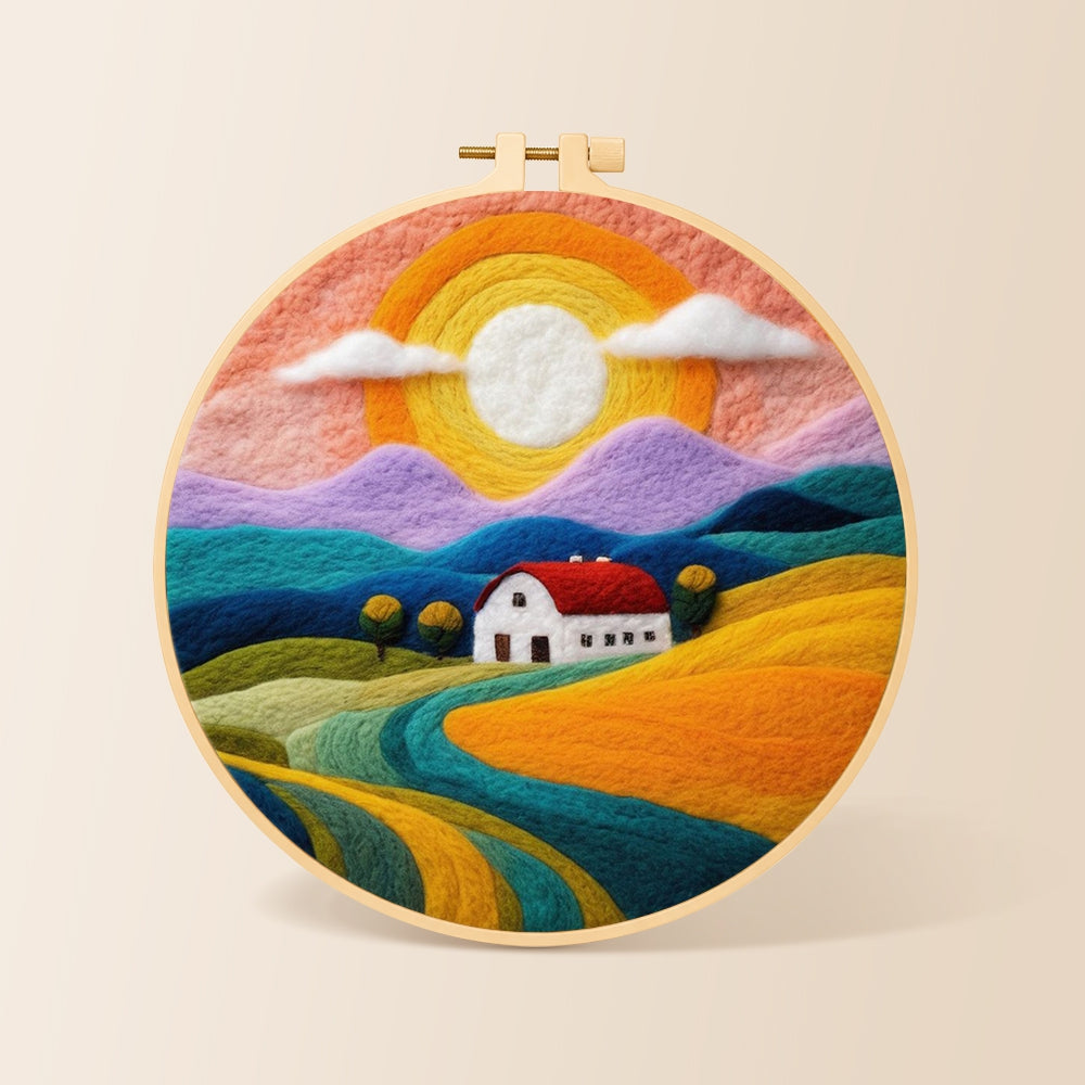 Rainbow mountains at sunset needle felting kit for beginners with a round wooden frame
