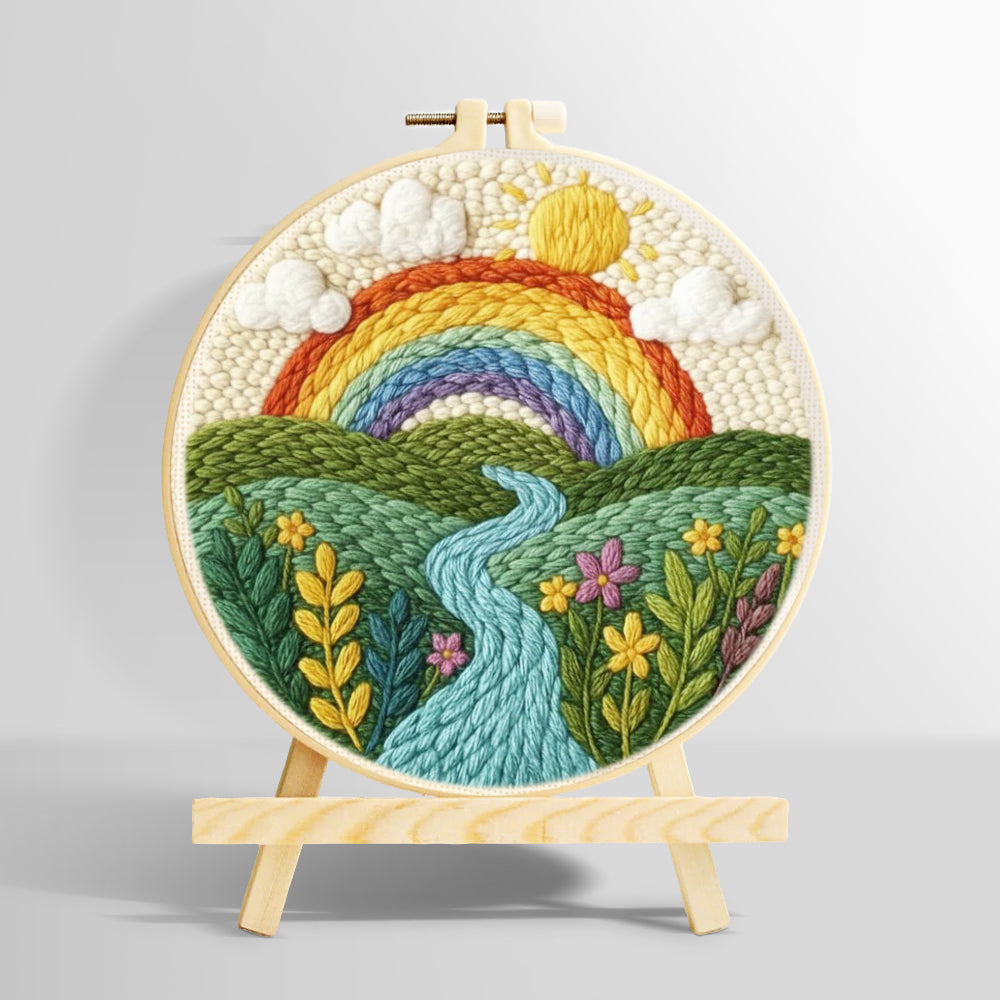 Rainbow over the rolling river and green fields punch needle kit for beginners