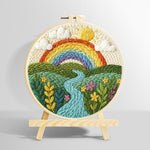 Rainbow over the rolling river and green fields punch needle kit for beginners