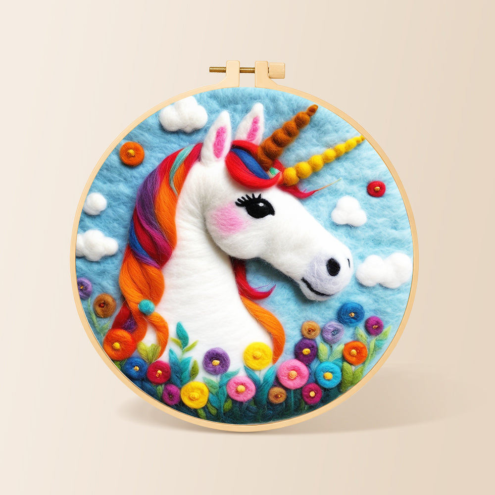Rainbow unicorn with flowers needle felting kit for beginners with a round wooden frame
