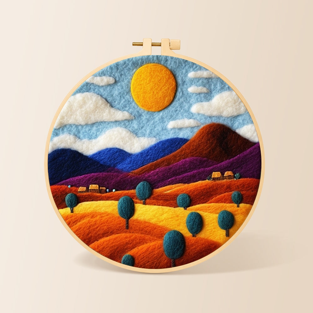 Rainbow wheat fields and mountains needle felting kit for beginners with a round wooden frame