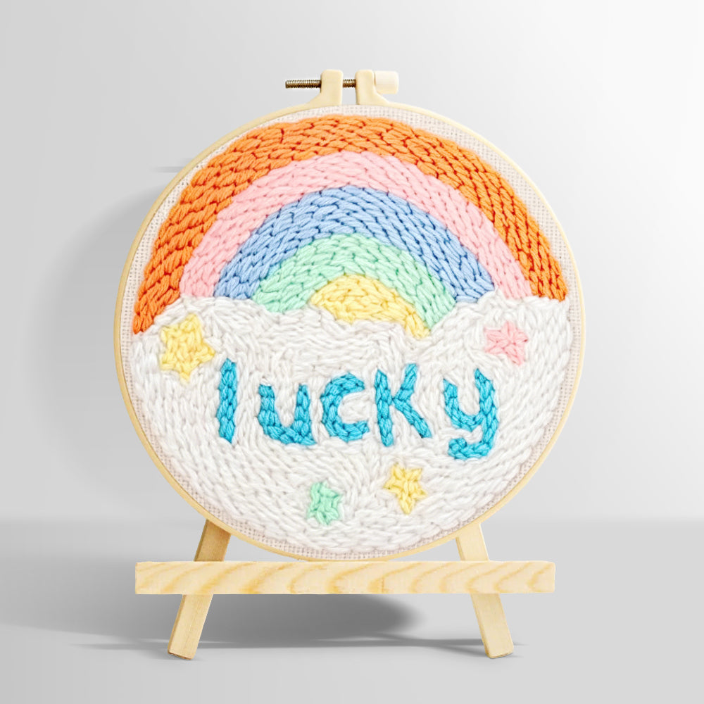 Rainbow with lucky text punch needle kit for beginners
