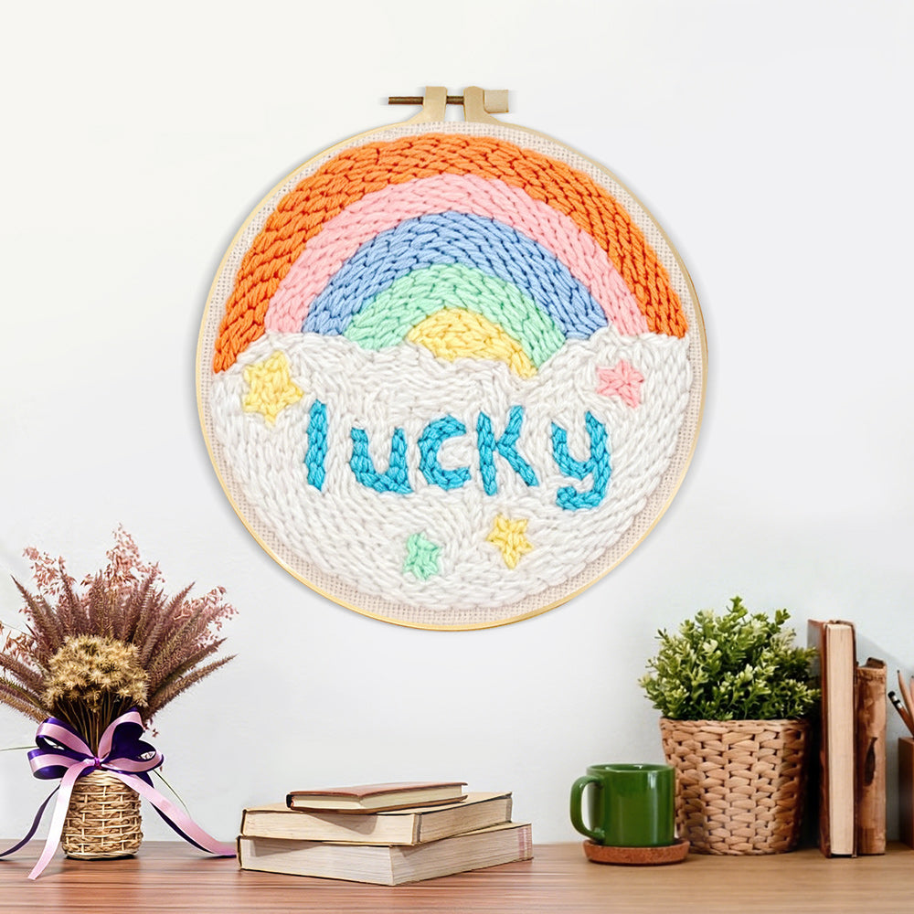 Finished rainbow with lucky text artwork displayed on a wall