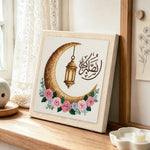 Ramadan moon and lantern punch needle artwork displayed on a table