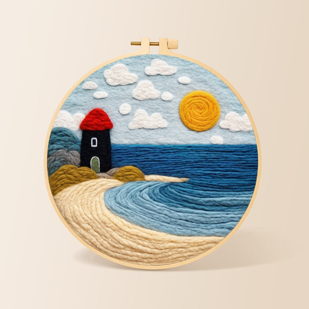 Red and black lighthouse by the sea needle felting kit for beginners with a round wooden frame