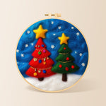 Red and green christmas trees with snowflakes needle felting kit for beginners with a round wooden frame