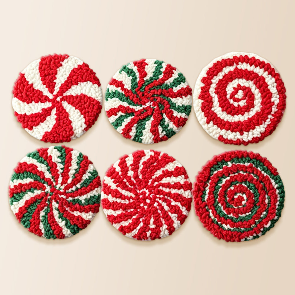 Red and green swirl candy punch needle coaster kit finished handmade coasters