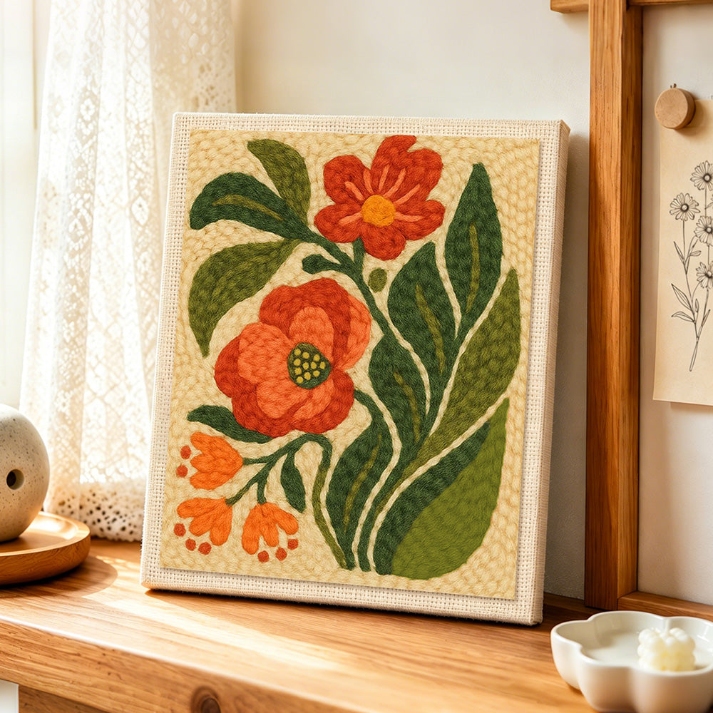 Red and orange floral with leaves punch needle artwork displayed on a table