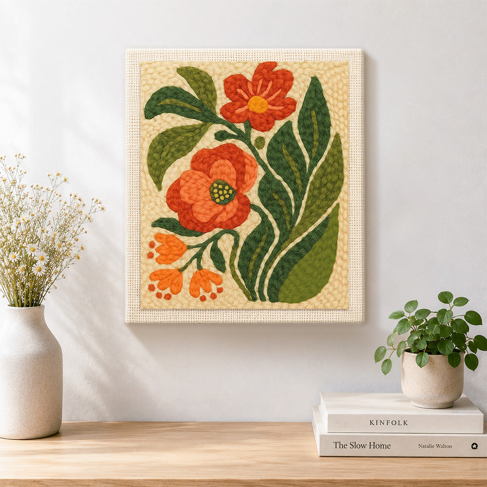 Finished red and orange floral with leaves artwork displayed on a wall