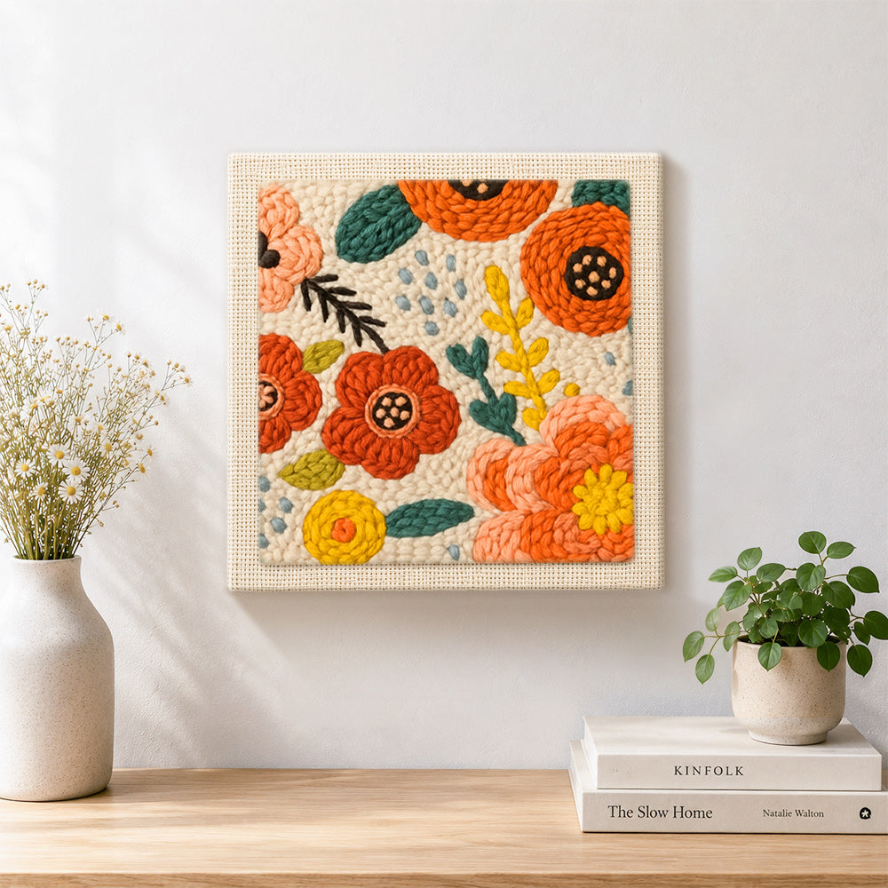 Finished red and orange flowers artwork displayed on a wall