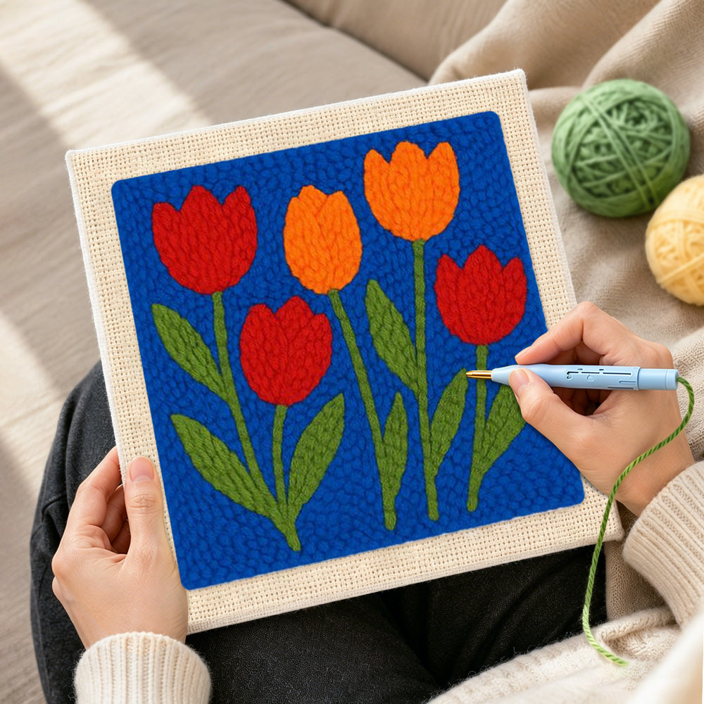 Creating handmade red and orange tulip flowers punch needle artwork