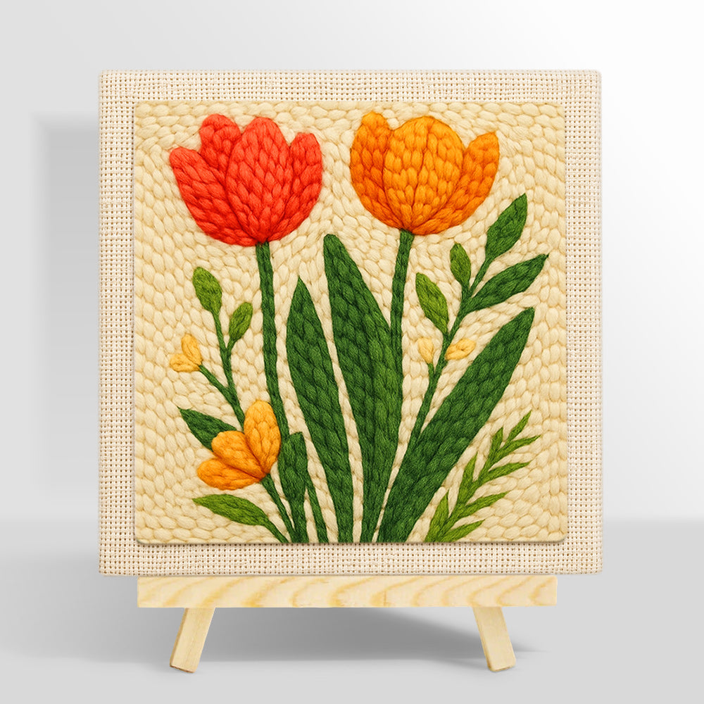 Red and orange tulips on the creamy background punch needle kit for beginners