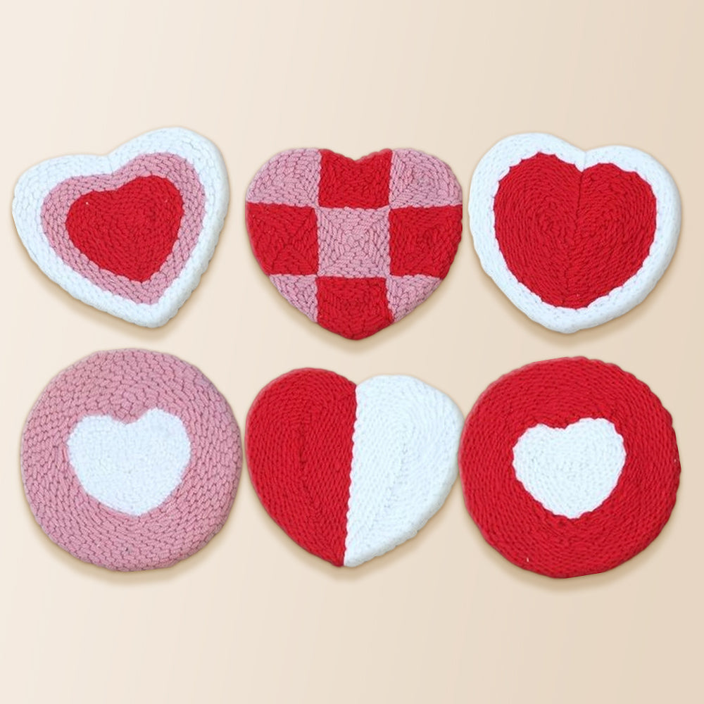Red and pink checkered heart punch needle coaster kit finished handmade coasters