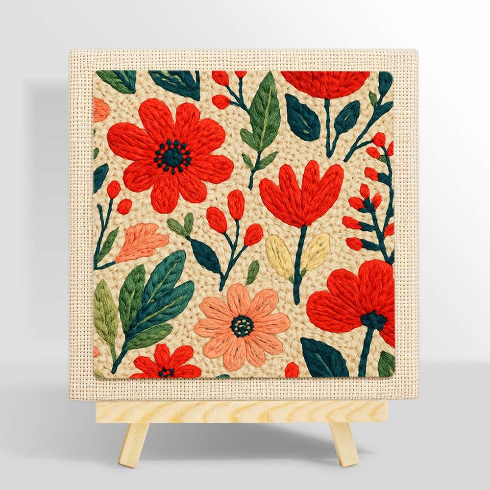 Red and pink ditsy floral punch needle kit for beginners