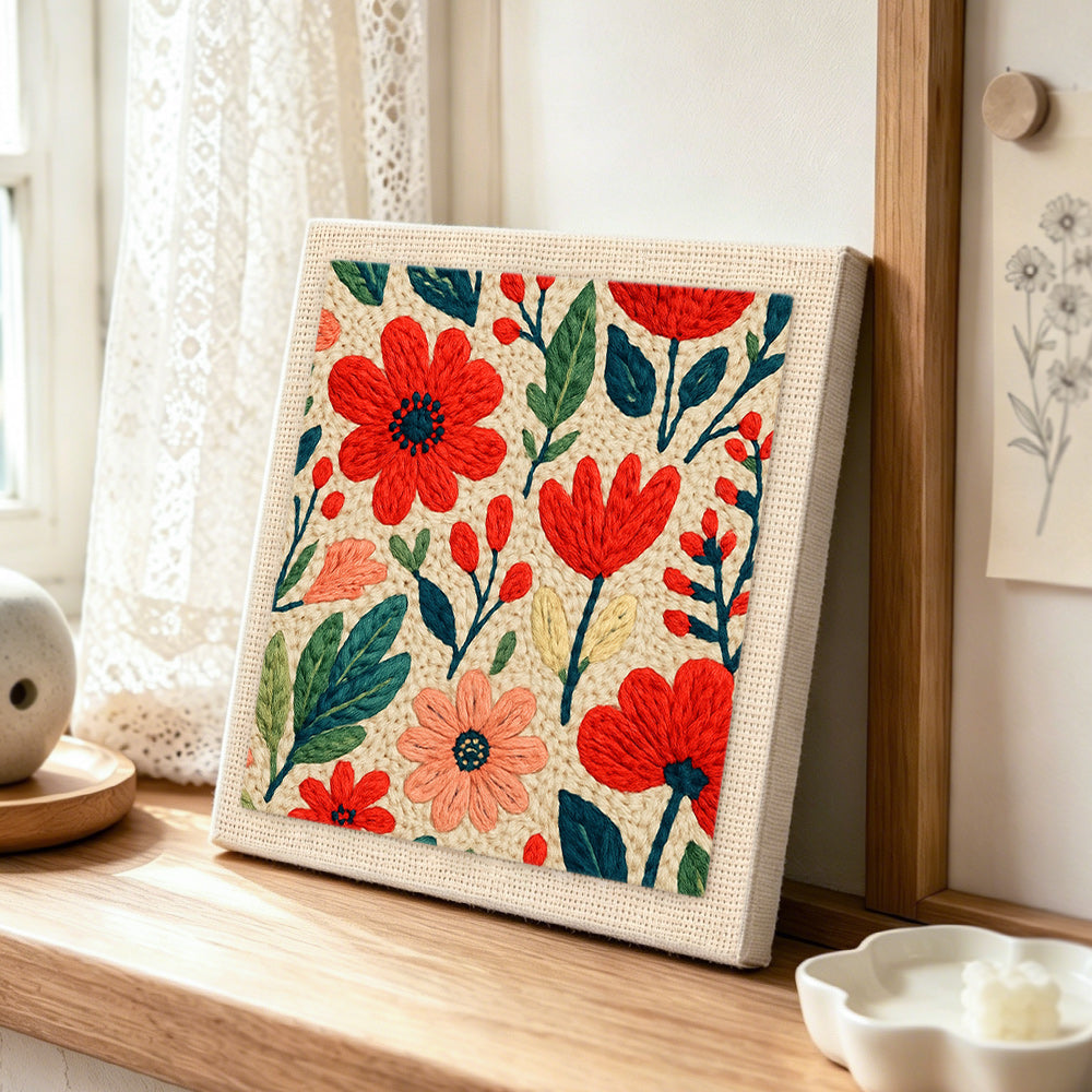 Red and pink ditsy floral punch needle artwork displayed on a table
