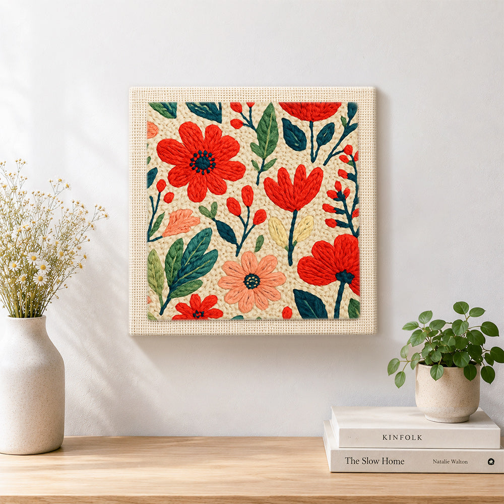 Finished red and pink ditsy floral artwork displayed on a wall