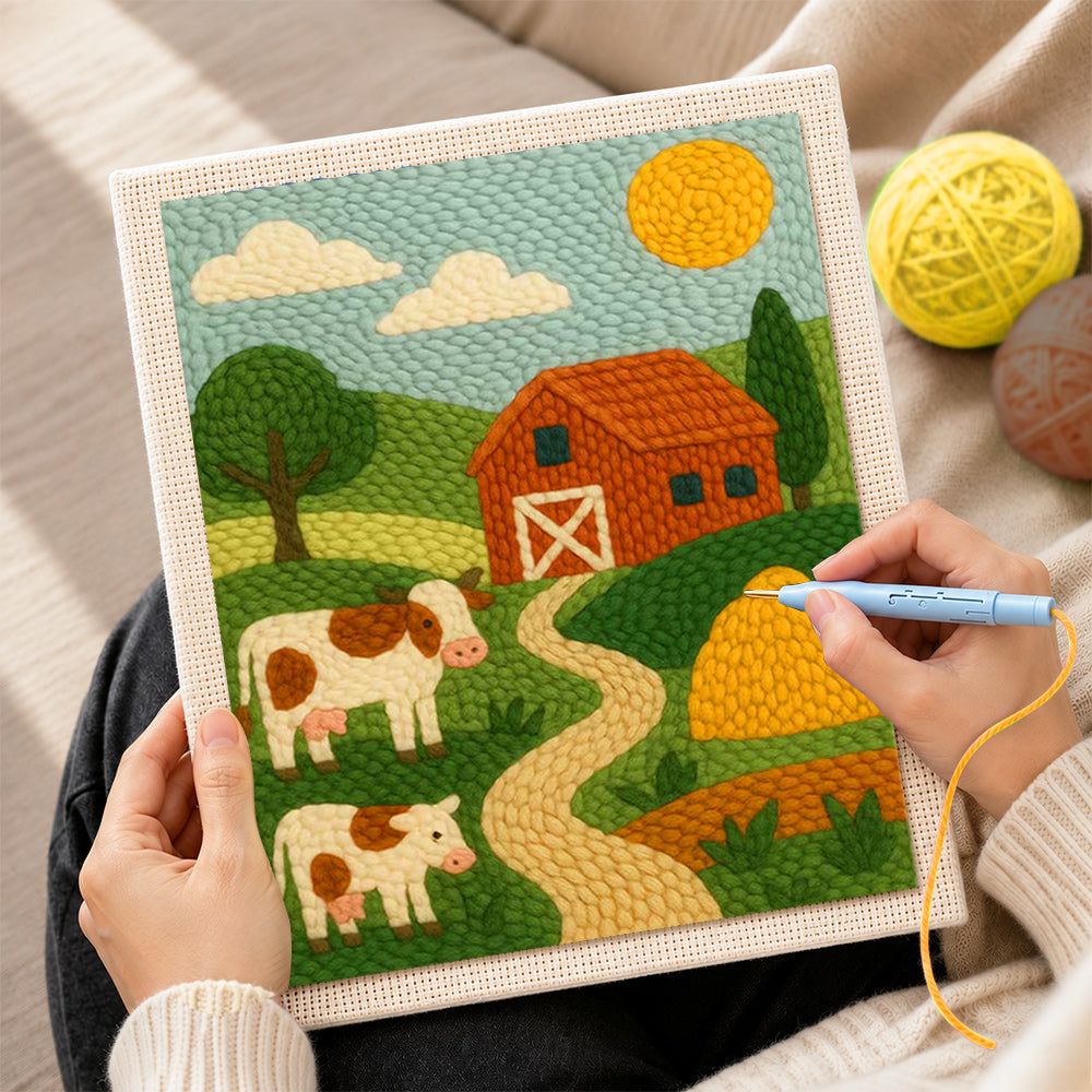 Creating handmade red barn and cows landscape punch needle artwork