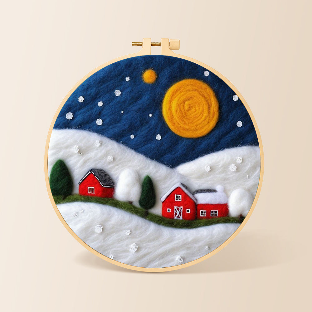 Red barns under the giant golden moon needle felting kit for beginners with a round wooden frame