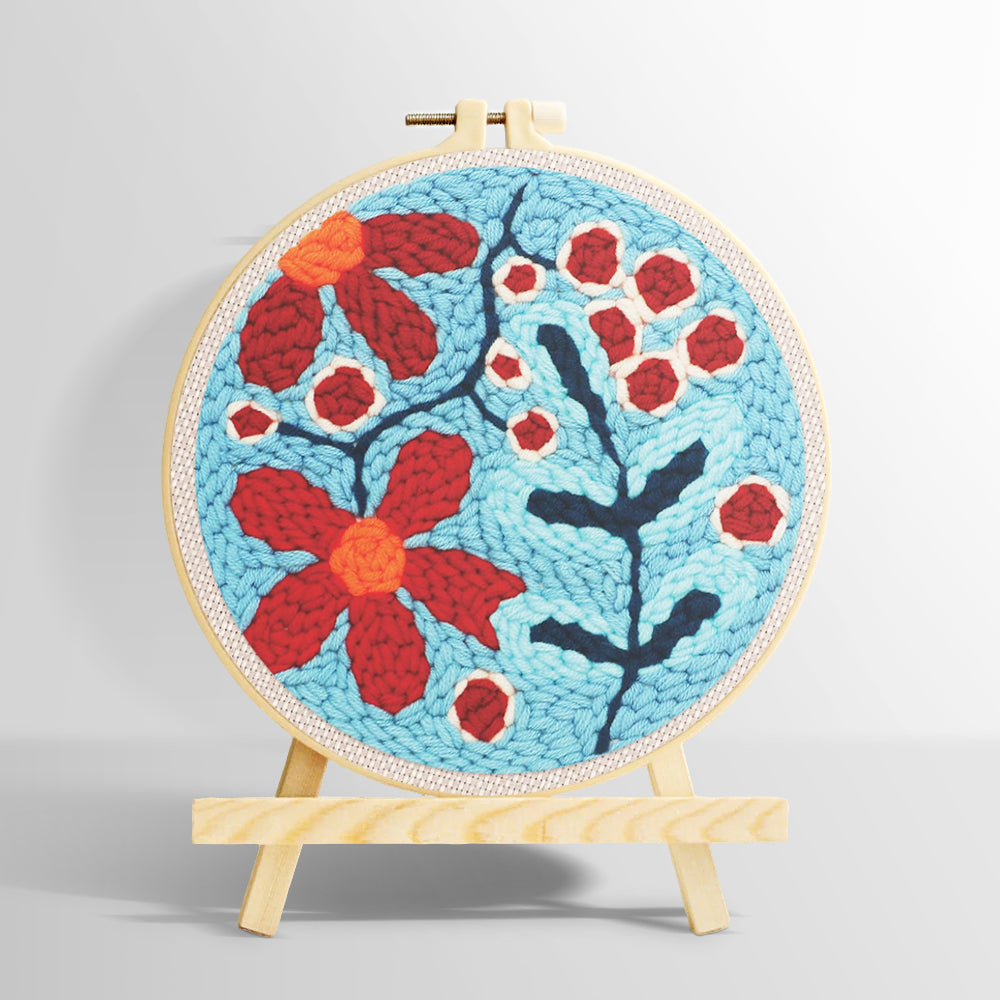 Red berries and flowers punch needle kit for beginners