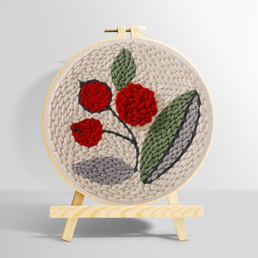 Red berries with green leaves punch needle kit for beginners