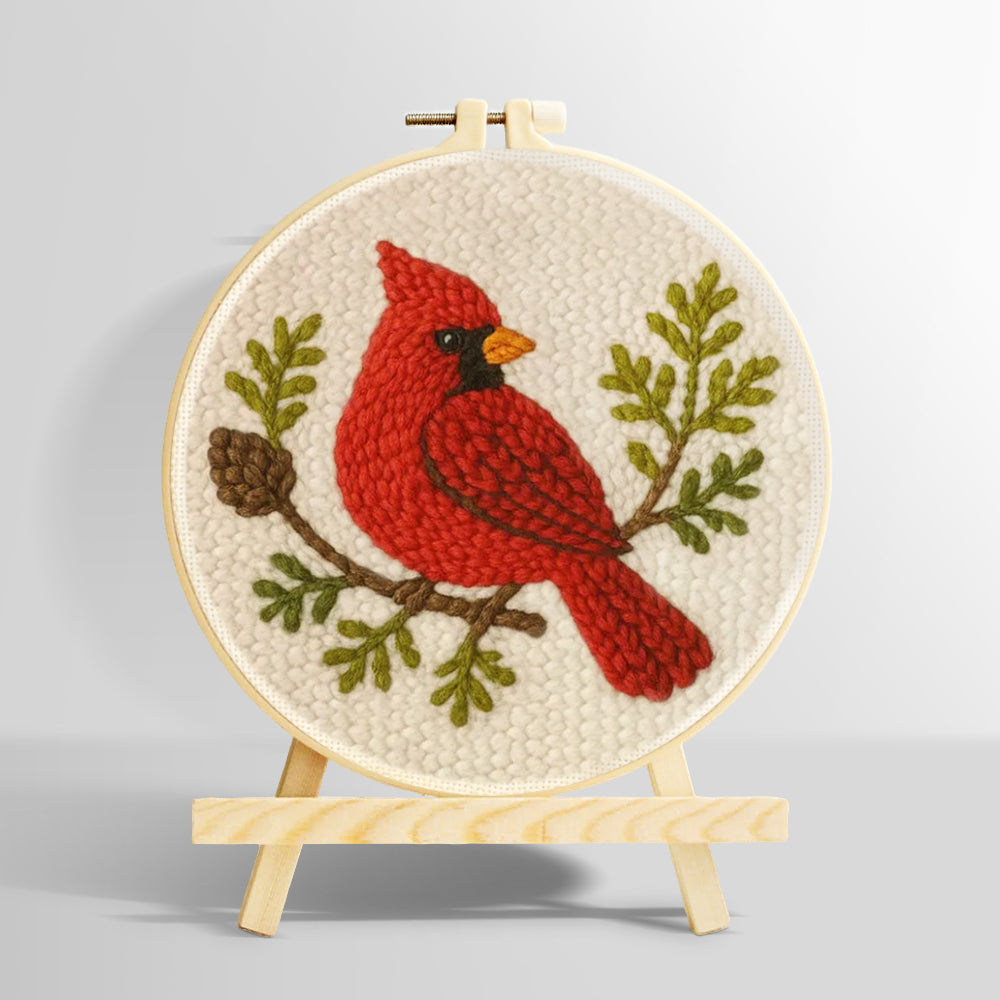Red cardinal and pine cone branch punch needle kit for beginners