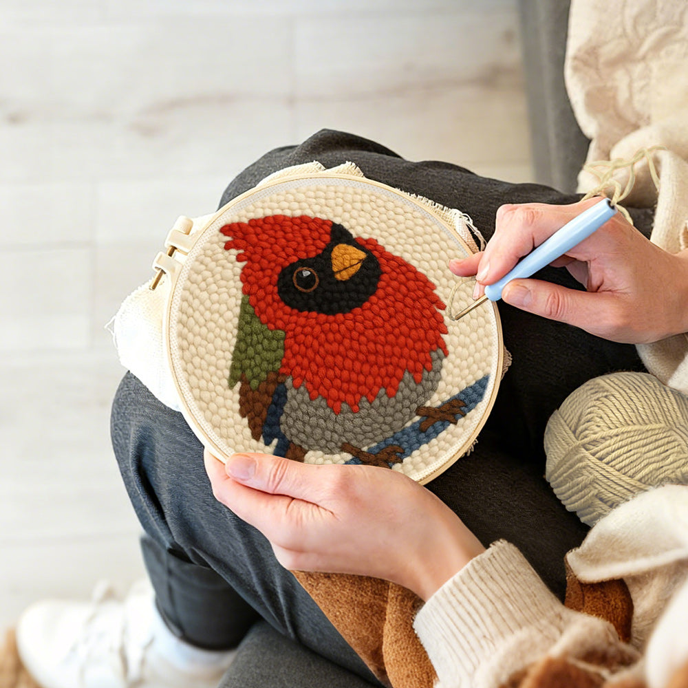 Creating handmade red cardinal bird punch needle artwork
